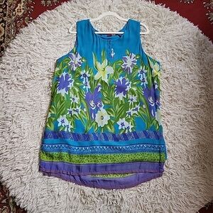 Vintage Mix Noveau Floral Sleeveless Longline Tunic Top or Mini Dress Blue Green